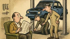 Dowcip: Klient w warsztacie czyta gazetę